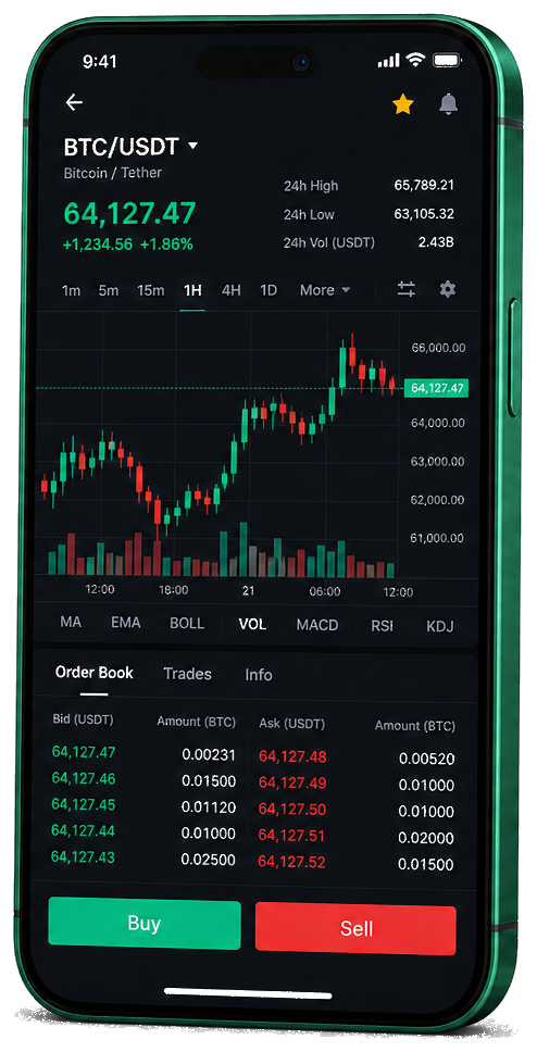 Interfaz móvil de trading de ZvirugW4LLET — cotizaciones BTC/USDT en directo, libro de órdenes y herramientas de ejecución